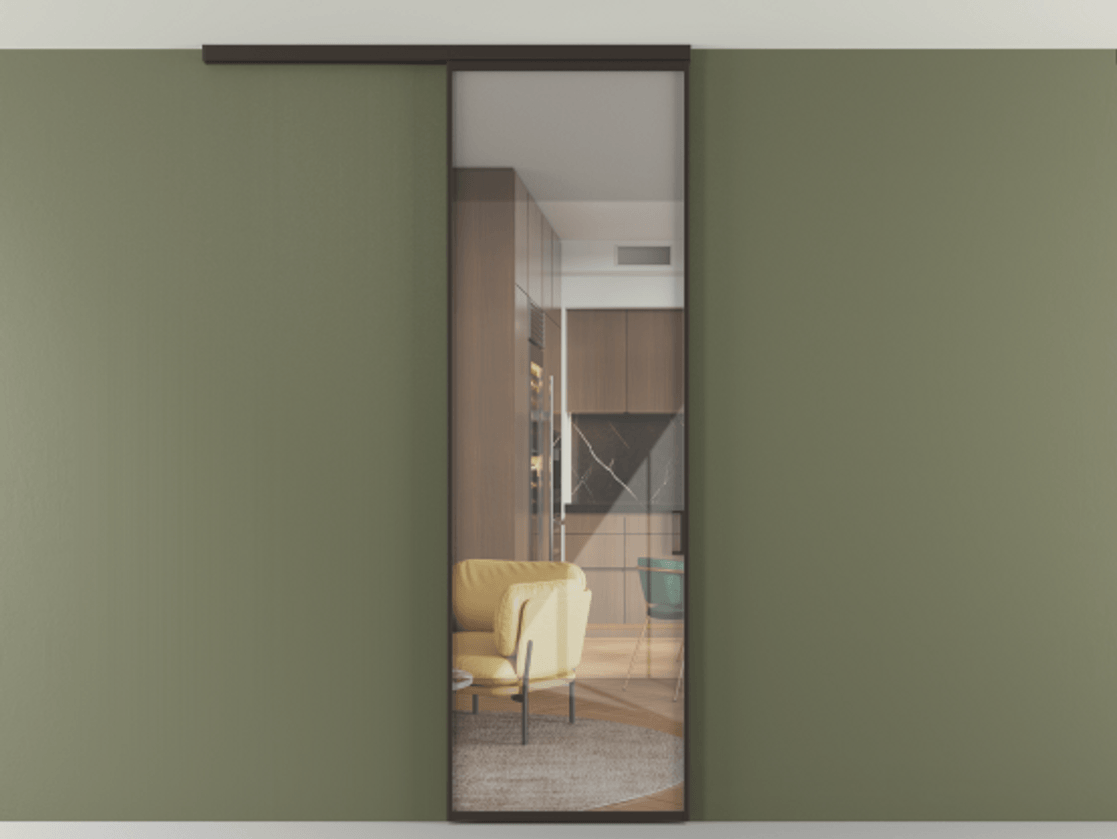 Перегородка Формато вдоль стены на потолок 1 створка АЛПР 040.01 Алюминий антрацит Рефлективное прозрачное стекло "Стопсол", калёное Цена 102636 ₽ | Volhovec