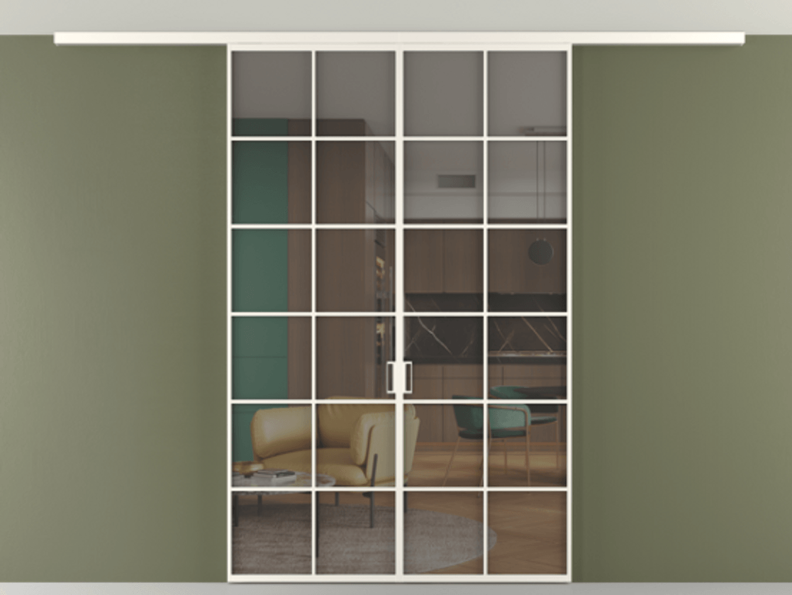 Перегородка Формато вдоль стены на потолок 2 створки АЛПР 040.05 Алюминий пудровый белый Прозрачное серое стекло, триплекс Цена 245080 ₽ | Volhovec