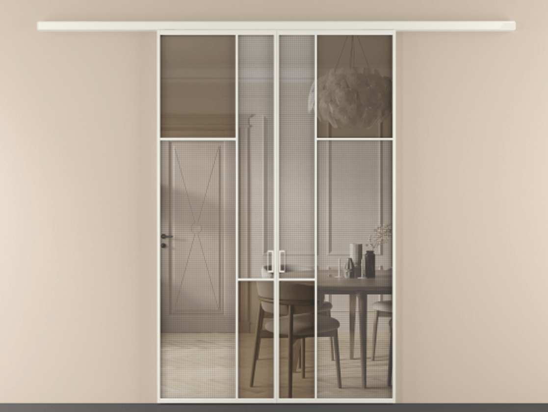 Перегородка Mosaic вдоль стены двустворчатая АЛПР 041.11 Алюминий Белый Mesh silver + Бронза прозрачное триплекс Цена 247760 ₽ | Volhovec