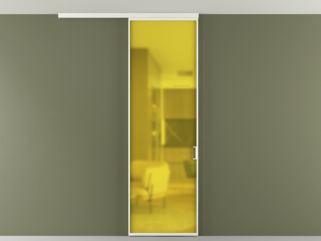 Перегородка Formato вдоль стены на потолок 1 створка АЛПР 040.01 Алюминий светло-серый Сатинированное жёлтое стекло, триплекс Цена 96236 ₽ | Volhovec