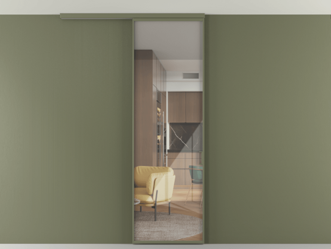 Перегородка Формато вдоль стены на потолок 1 створка АЛПР 040.01 Алюминий оливковый тёмный Рефлективное прозрачное стекло "Стопсол", калёное Цена 119570 ₽ | Volhovec