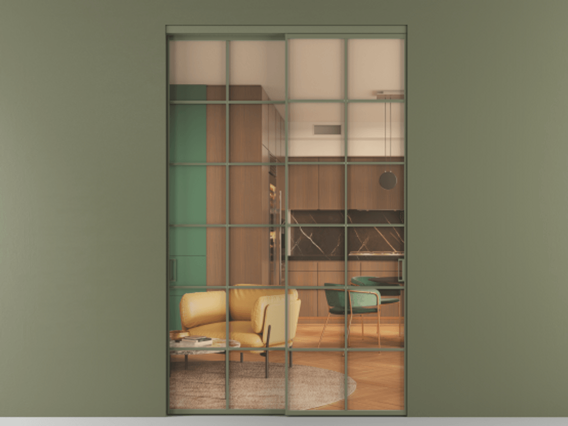 Перегородка Formato внутри проёма 2 створки АЛПР 040.05 Алюминий оливковый тёмный Прозрачное оранжевое стекло, триплекс Цена 477900 ₽  | Volhovec