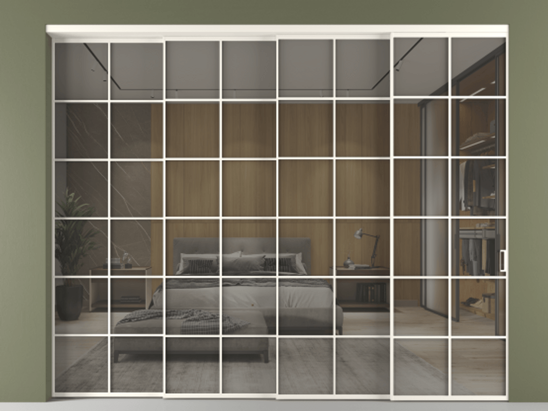 Перегородка Формато внутри проёма 4 створки с синхронным механизмом АЛПР 040.05 Алюминий пудровый белый Рефлективное серое стекло "Стопсол", калёное Цена 514280 ₽ | Volhovec