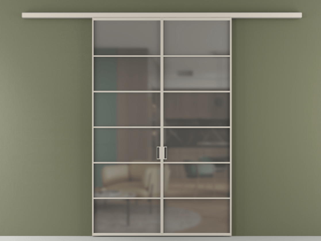 Перегородка Формато вдоль стены 2 створки АЛПР 040.04 Алюминий светло-бежевый Сатинированное серое стекло, триплекс Цена 207150 ₽ | Volhovec