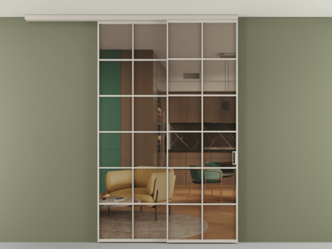 Перегородка Формато вдоль стены на потолок 2 створки с синхронным механизмом АЛПР 040.05 Алюминий светло-бежевый Прозрачное бронзовое стекло, триплекс Цена 291704 ₽ | Volhovec