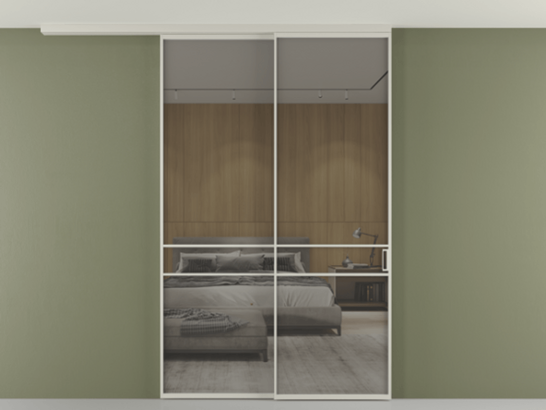 Перегородка Формато вдоль стены на потолок 2 створки с синхронным механизмом АЛПР 040.02 Алюминий тёплый серый Рефлективное серое стекло "Стопсол", калёное Цена 327020 ₽ | Volhovec