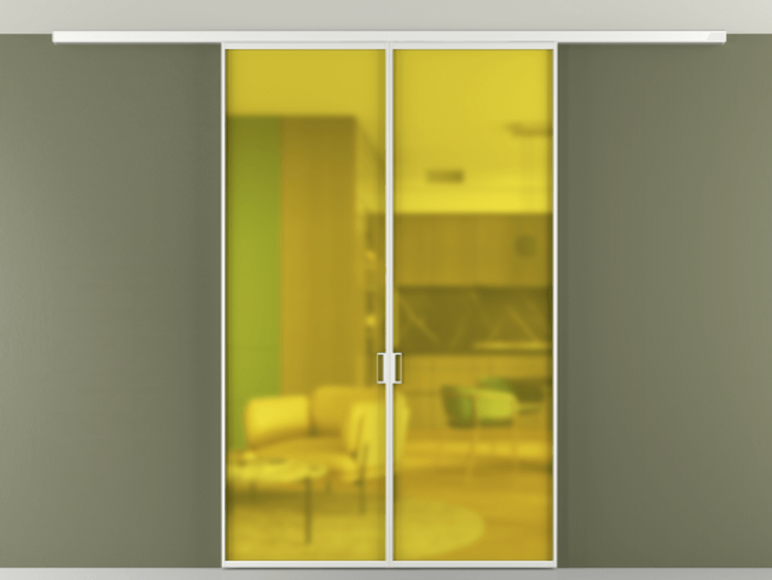 Перегородка Formato вдоль стены на потолок 2 створки АЛПР 040.01 Алюминий белоснежный Сатинированное жёлтое стекло, триплекс Цена 185372 ₽ | Volhovec