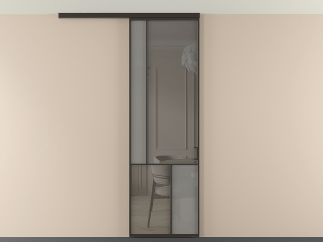 Перегородка Мозаик вдоль стены на потолок 1 створка АЛПР 041.20 Алюминий антрацит Сатинированное серое стекло, триплекс, 6 мм + Прозрачное серое стекло, триплекс Цена 135040 ₽ | Volhovec