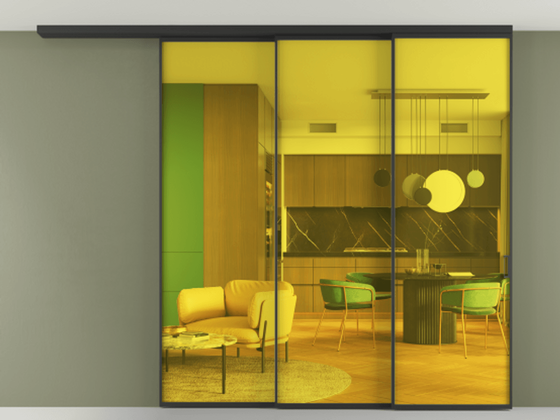 Перегородка Formato вдоль стены на потолок 3 створки с синхронным механизмом АЛПР 040.01 Алюминий Черный Прозрачное жёлтое стекло, триплекс Цена 363632 ₽ | Volhovec