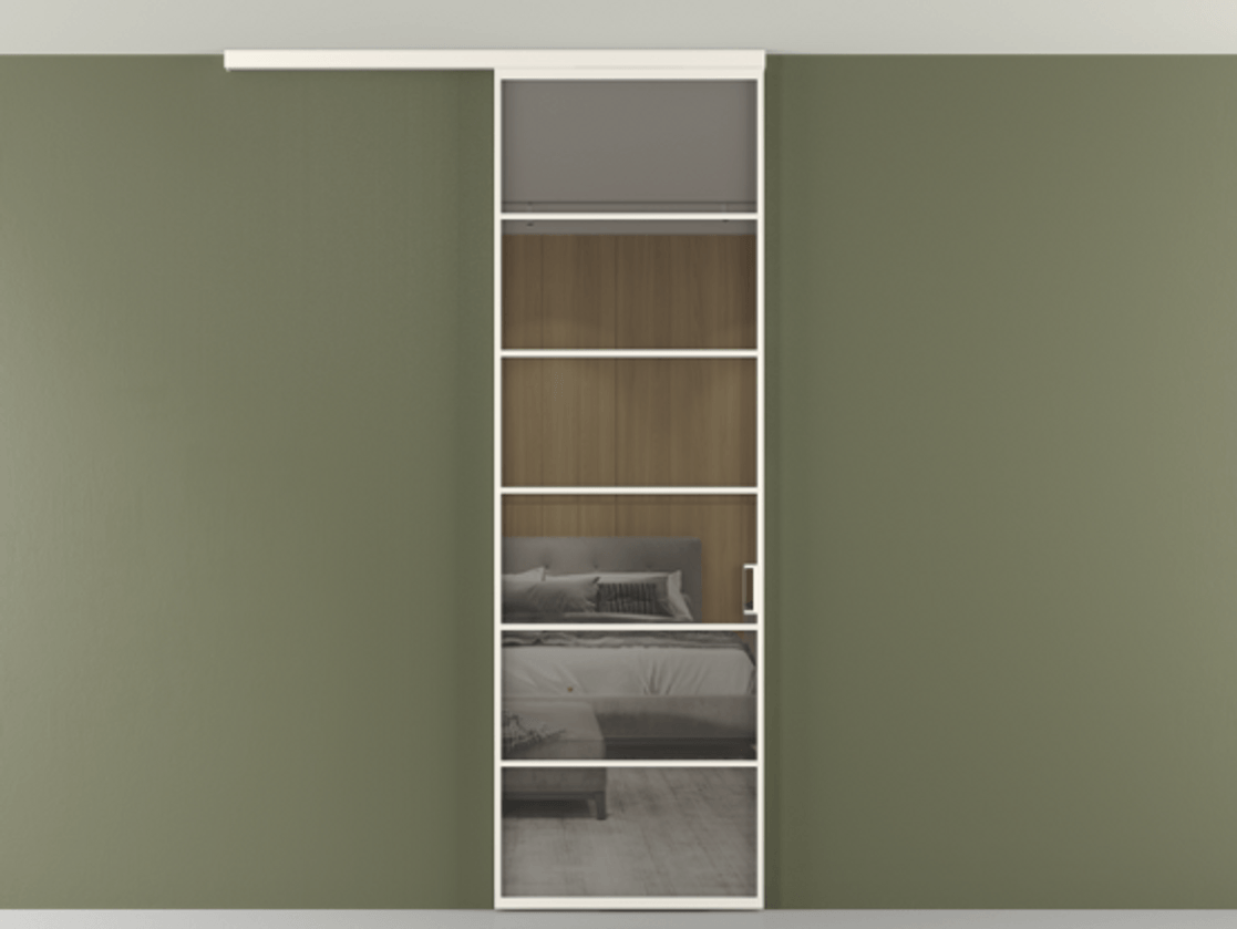 Перегородка Formato вдоль стены на потолок 1 створка АЛПР 040.04 Алюминий пудровый белый Рефлективное серое стекло "Стопсол", калёное Цена 134090 ₽ | Volhovec