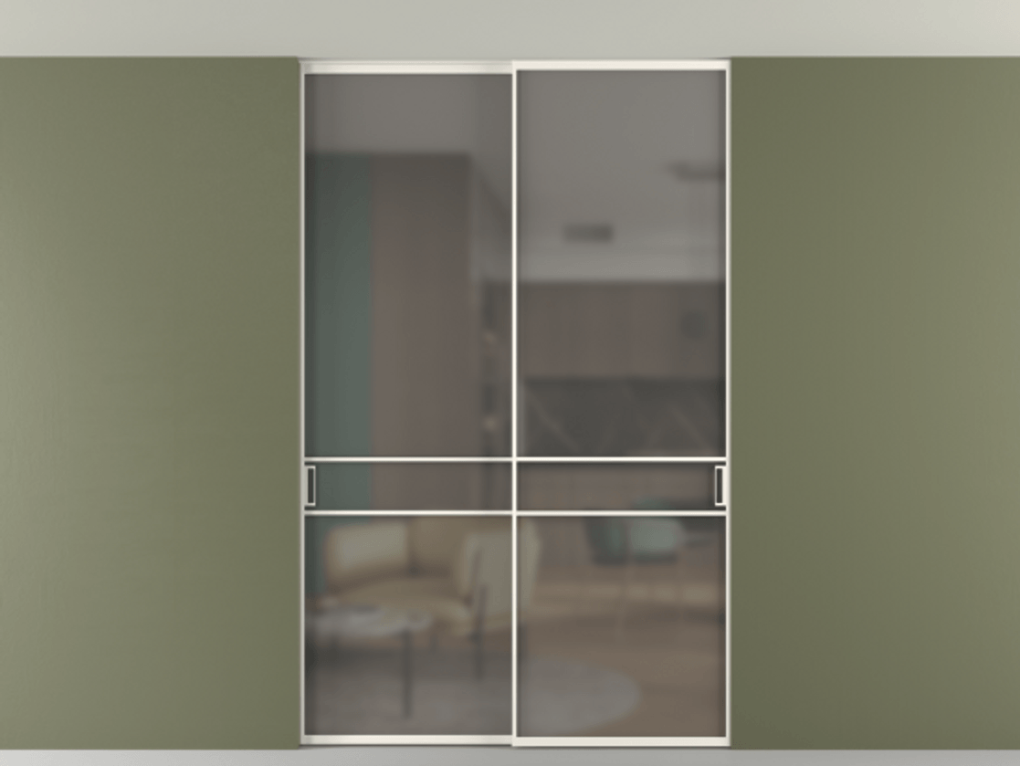 Перегородка Формато внутри проёма скрытое крепление в потолок 2 створки АЛПР 040.02 Алюминий пудровый белый Сатинированное серое стекло, триплекс Цена 248215 ₽ | Volhovec