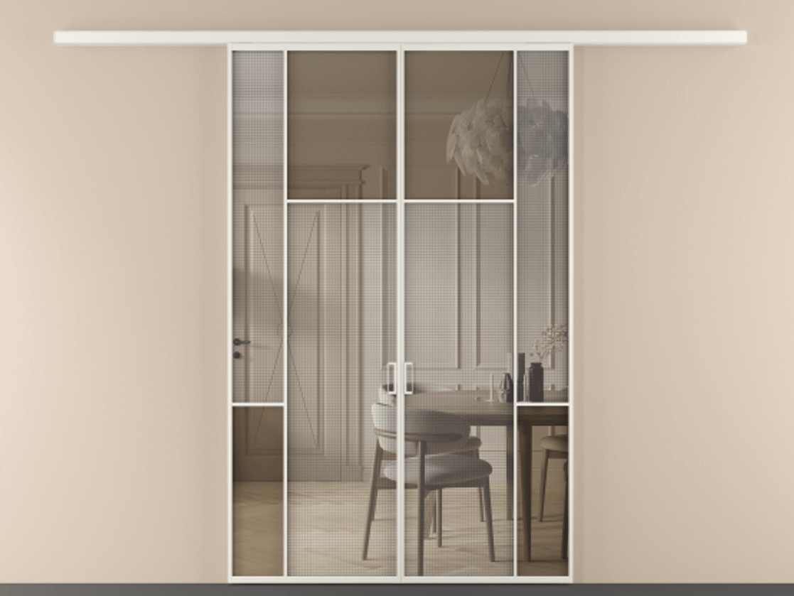 Перегородка Mosaic вдоль стены двустворчатая АЛПР 041.10 Алюминий Белый Mesh silver + Бронза прозрачное триплекс Цена 251560 ₽ | Volhovec