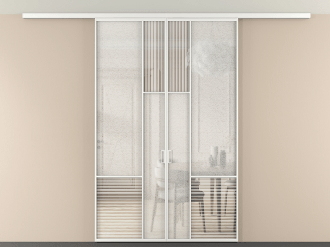 Перегородка Мозаик вдоль стены на потолок 2 створки АЛПР 041.13 Алюминий белоснежный Рифлёное стекло "Дюна", триплекс, 6 мм + Фактурное стекло "Лёд", триплекс Цена 278980 ₽ | Volhovec