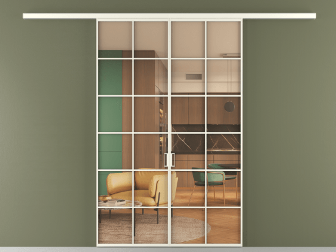 Перегородка Formato вдоль стены 2 створки АЛПР 040.05 Алюминий жемчужный Прозрачное оранжевое стекло, триплекс Цена 215440 ₽ | Volhovec