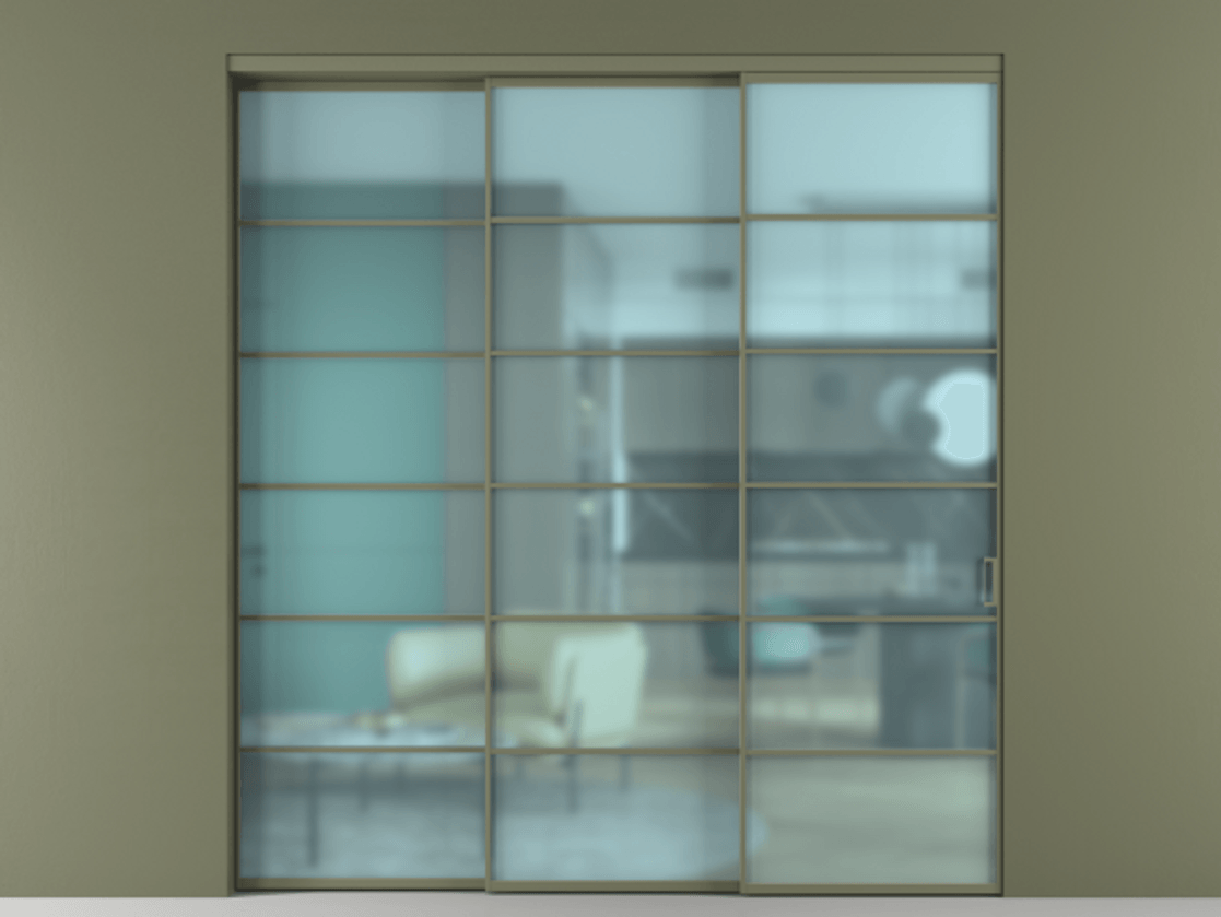 Перегородка Formato внутри проёма 3 створки с синхронным механизмом АЛПР 040.04 Алюминий оливковый тёмный Сатинированное голубое стекло, триплекс Цена 363260 ₽  | Volhovec