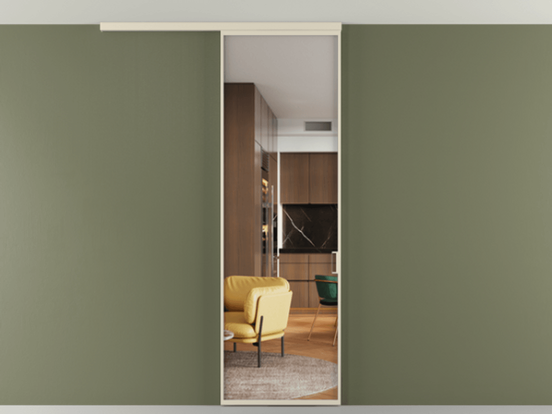 Перегородка Формато вдоль стены на потолок 1 створка АЛПР 040.01 Алюминий бежево-серый Прозрачное стекло "Кристал Вижн", калёное Цена 119570 ₽ | Volhovec