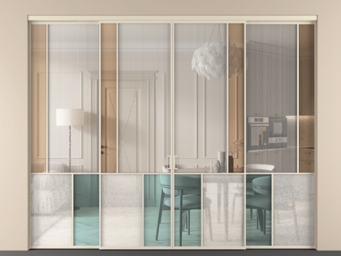 Перегородка Mosaic внутри проёма четырёхстворчатая АЛПР 041.21 Алюминий бежево-серый Комбинация стекол Группы 1 и Группы 3 Цена 88219740 so'm | Volhovec