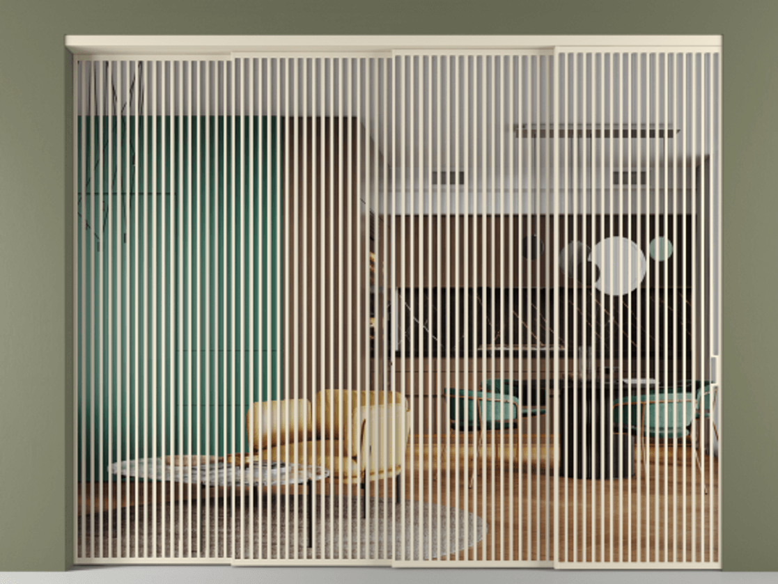 Перегородка Формато внутри проёма 4 створки с синхронным механизмом АЛПР 040.06 Алюминий бежево-серый Прозрачное стекло "Кристал Вижн", калёное Цена 802920 ₽ | Volhovec