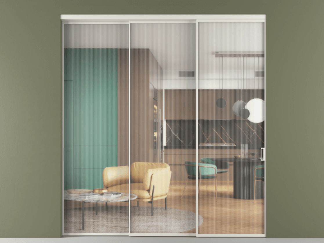 Перегородка Formato внутри проёма телескопик синхро 2 АЛПР 040.01 Алюминий Белый Рифлёное стекло "Moru", триплекс, 8 мм Цена 359500 ₽  | Volhovec