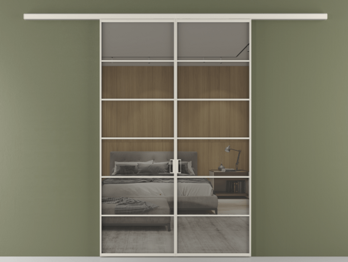 Перегородка Формато вдоль стены 2 створки АЛПР 040.04 Алюминий облачно-серый Рефлективное серое стекло "Стопсол", калёное Цена 264600 ₽ | Volhovec