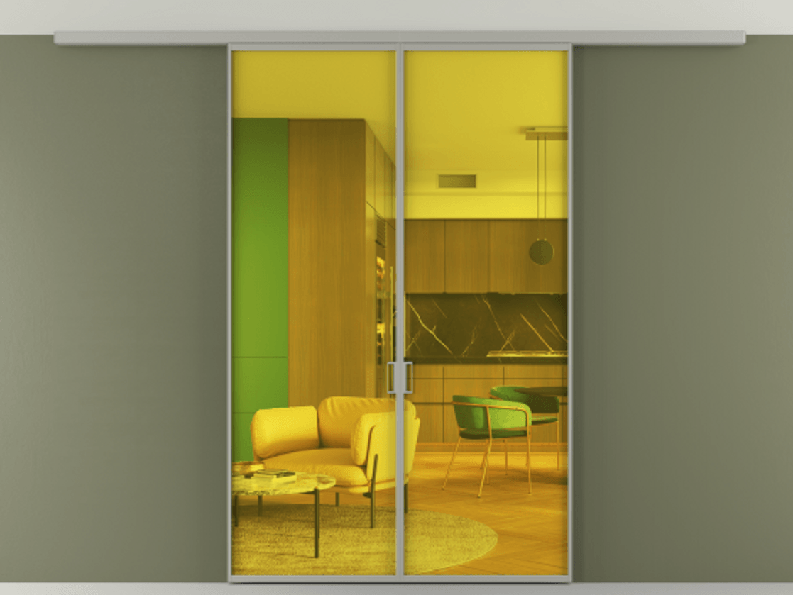 Перегородка Formato вдоль стены на потолок 2 створки АЛПР 040.01 Алюминий нейтральный серый Прозрачное жёлтое стекло, триплекс Цена 185372 ₽ | Volhovec