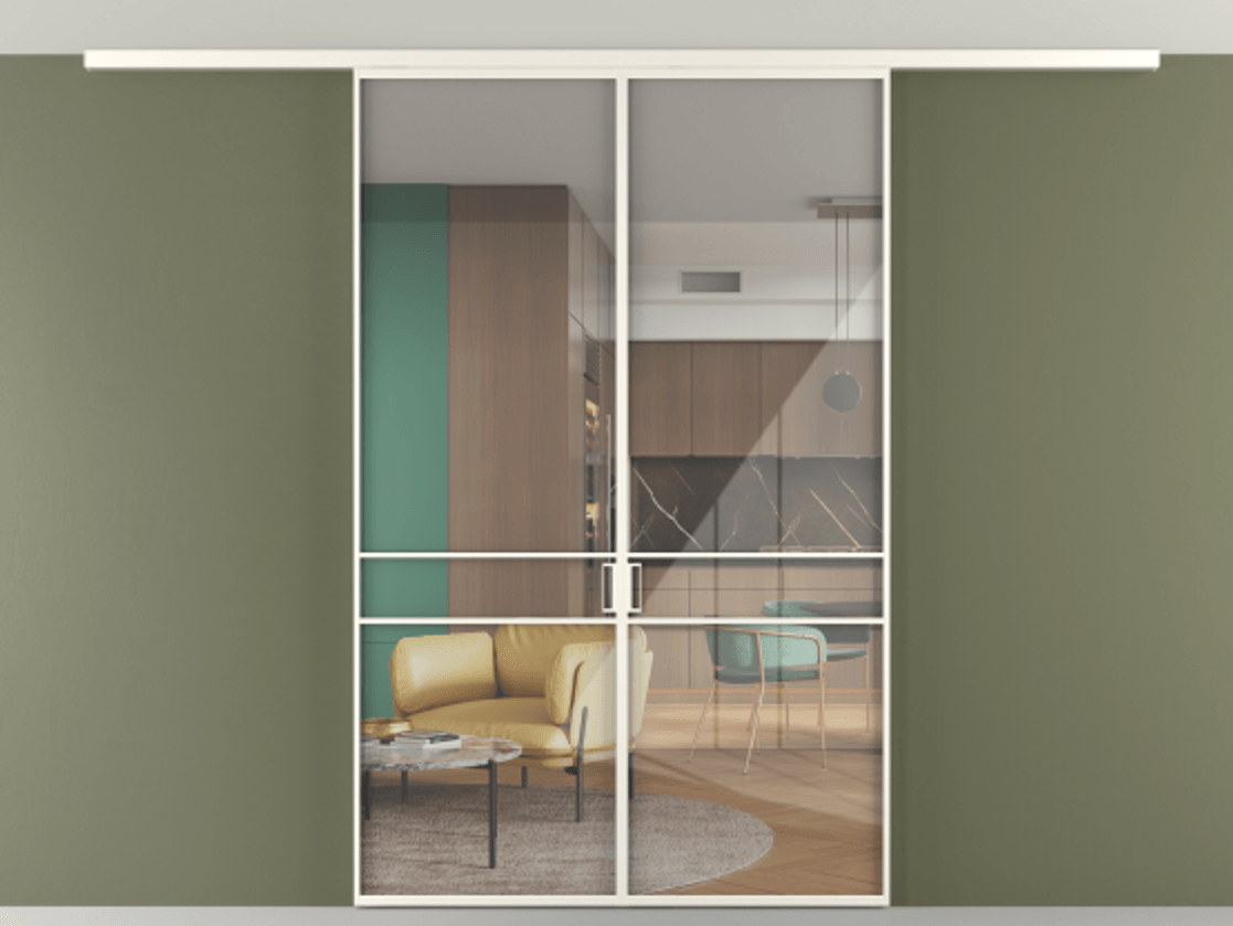 Перегородка Формато вдоль стены на потолок 2 створки АЛПР 040.02 Алюминий пудровый белый Рефлективное прозрачное стекло "Стопсол", калёное Цена 243920 ₽ | Volhovec