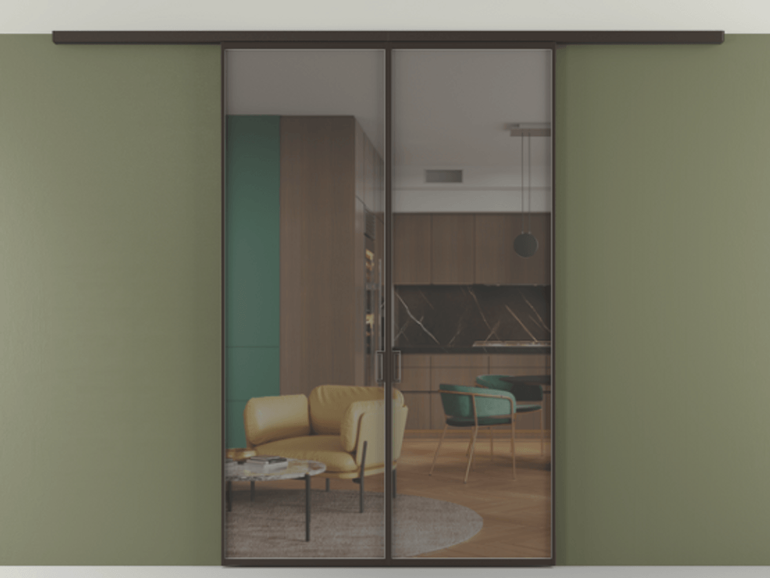 Перегородка Формато вдоль стены на потолок 2 створки АЛПР 040.01 Алюминий антрацит Прозрачное серое стекло, триплекс Цена 177705 ₽ | Volhovec