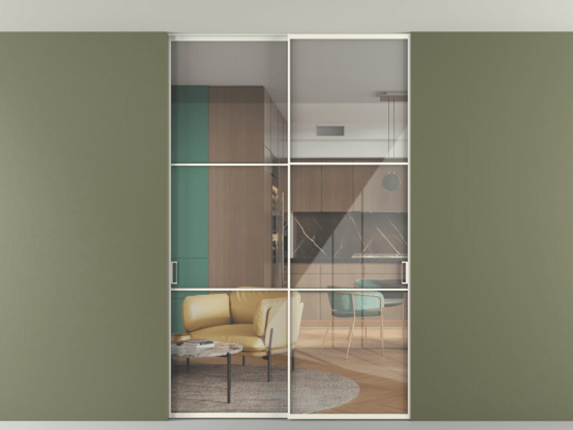 Перегородка Формато внутри проёма скрытое крепление в потолок 2 створки АЛПР 040.03 Алюминий жемчужный Рефлективное прозрачное стекло "Стопсол", калёное Цена 305520 ₽ | Volhovec