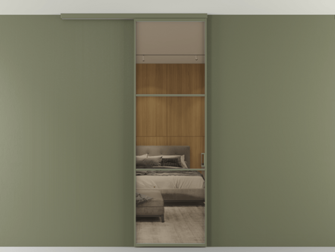 Перегородка Формато вдоль стены на потолок 1 створка АЛПР 040.03 Алюминий оливковый тёмный Рефлективное бронзовое стекло "Стопсол", калёное Цена 125510 ₽ | Volhovec