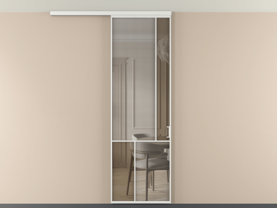 Перегородка Mosaic вдоль стены на потолок 1 створка АЛПР 041.21 Алюминий белоснежный Декоративное стекло с сеткой "Mesh silver", триплекс, 6 мм + Прозрачное бронзовое стекло, триплекс Цена 141040 ₽ | Volhovec