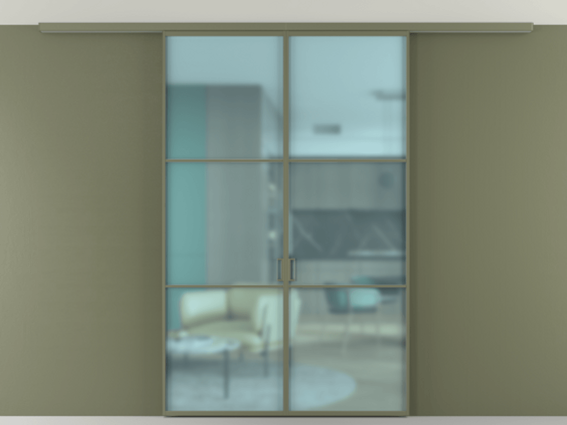 Перегородка Formato вдоль стены на потолок 2 створки АЛПР 040.03 Алюминий оливковый тёмный Сатинированное голубое стекло, триплекс Цена 194876 ₽ | Volhovec