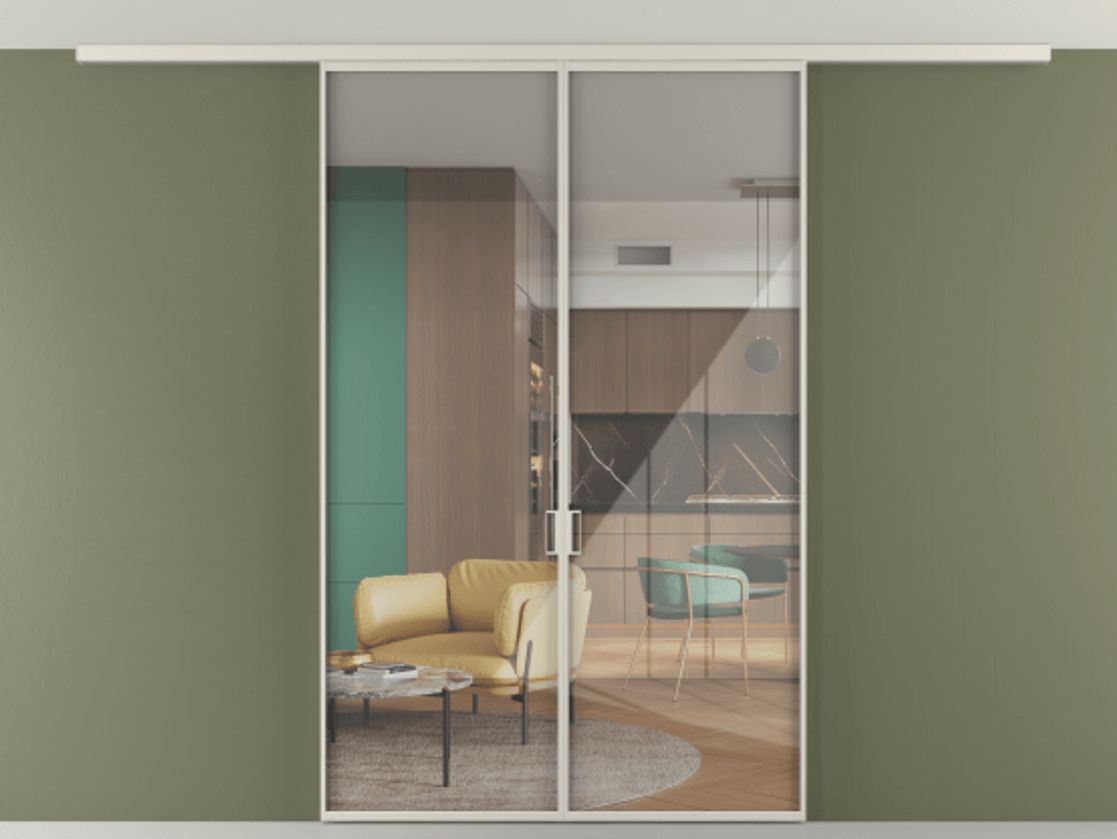 Перегородка Формато вдоль стены на потолок 2 створки АЛПР 040.01 Алюминий облачно-серый Рефлективное прозрачное стекло "Стопсол", калёное Цена 198172 ₽ | Volhovec