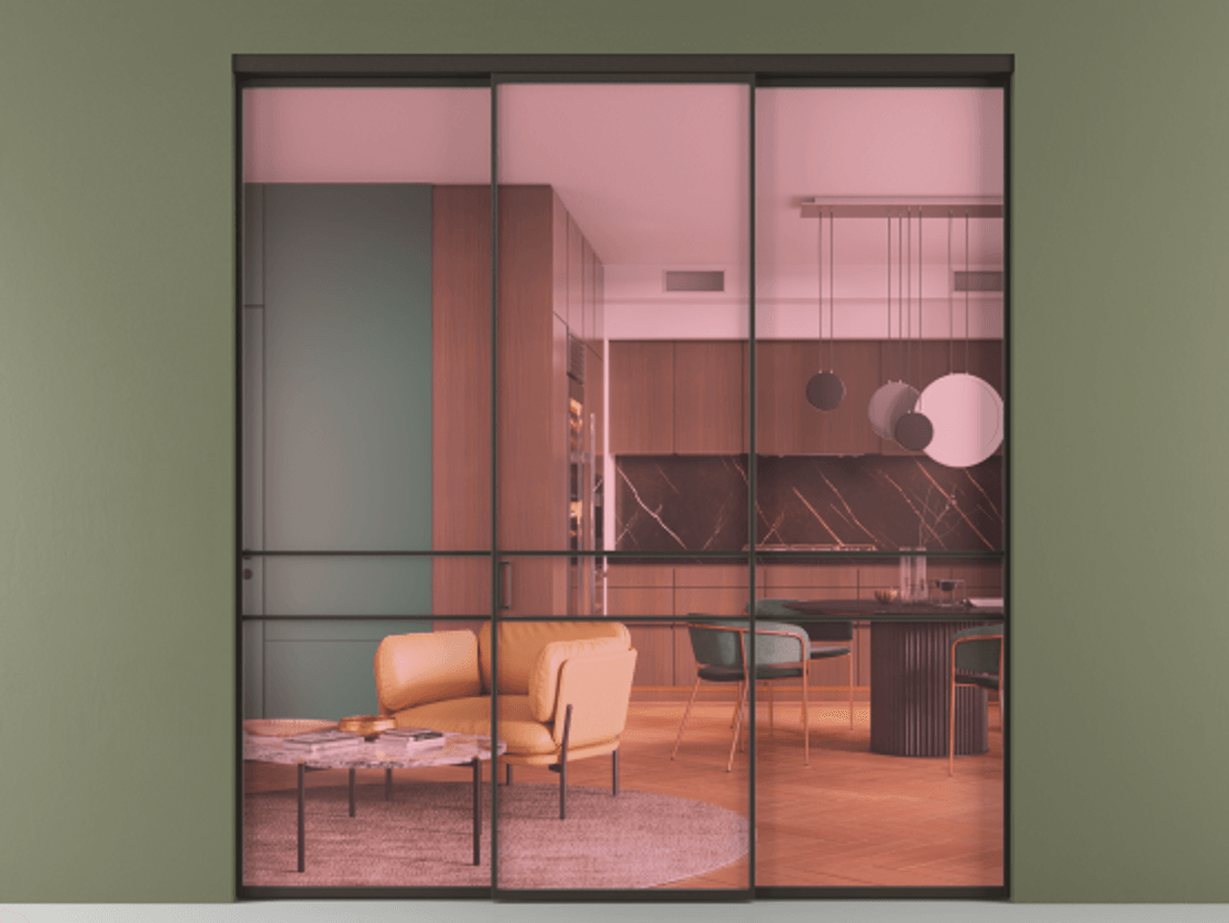 Перегородка Formato внутри проёма 3 створки АЛПР 040.02 Алюминий антрацит Прозрачное розовое стекло, триплекс Цена 237275 ₽ | Volhovec