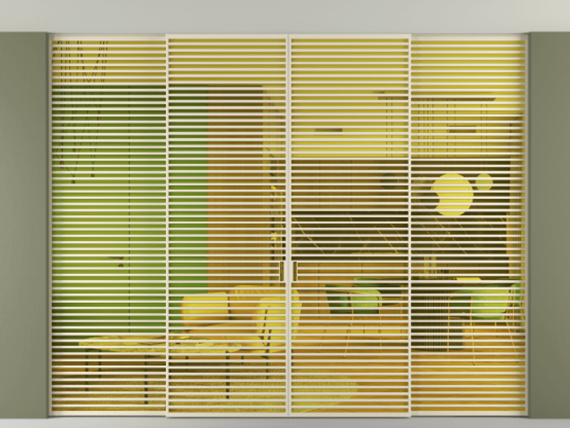 Перегородка Formato внутри проёма скрытое крепление в потолок 4 створки АЛПР 040.07 Алюминий бежево-серый Прозрачное жёлтое стекло, триплекс Цена 954340 ₽ | Volhovec