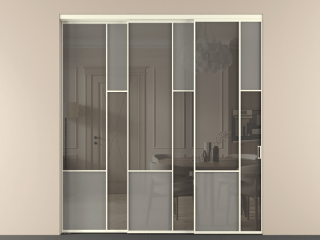 Перегородка Мозаик внутри проёма 3 створки с синхронным механизмом АЛПР 041.12 Алюминий молочно-белый Сатинированное серое стекло, триплекс, 6 мм + Прозрачное серое стекло, триплекс Цена 437390 ₽ | Volhovec