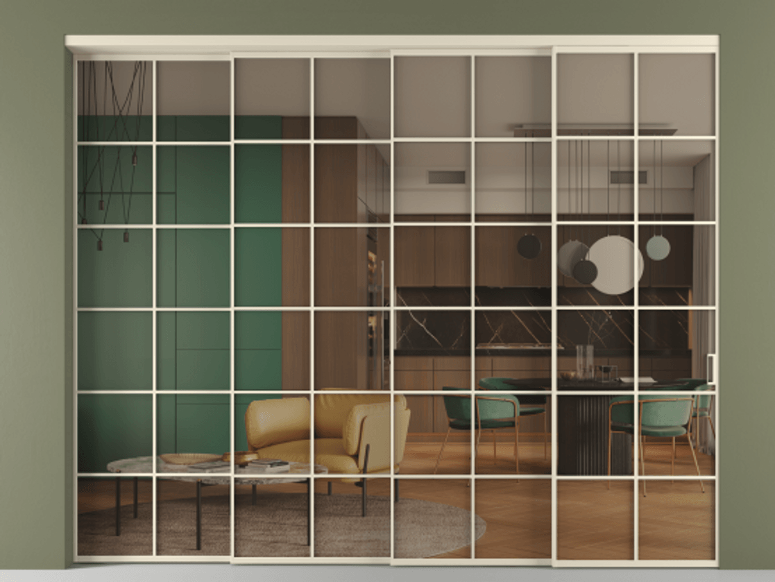 Перегородка Формато внутри проёма 4 створки с синхронным механизмом АЛПР 040.05 Алюминий бежево-серый Прозрачное бронзовое стекло, триплекс Цена 488680 ₽ | Volhovec