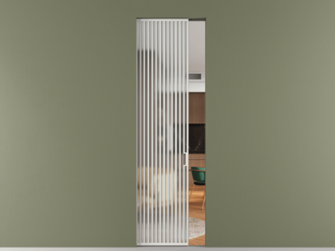 Перегородка Формато скрытый пенал 1 створка АЛПР 040.06 Алюминий светло-серый Сатинированное стекло "Мателюкс Кристал Вижн", калёное, матовое, каленое 6 мм Цена 240180 ₽ | Volhovec