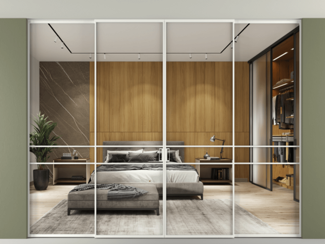 Перегородка Formato внутри проёма скрытое крепление в потолок 4 створки АЛПР 040.02 Алюминий светло-серый Двустороннее зеркало, триплекс , триплекс 6 мм Цена 440530 ₽ | Volhovec