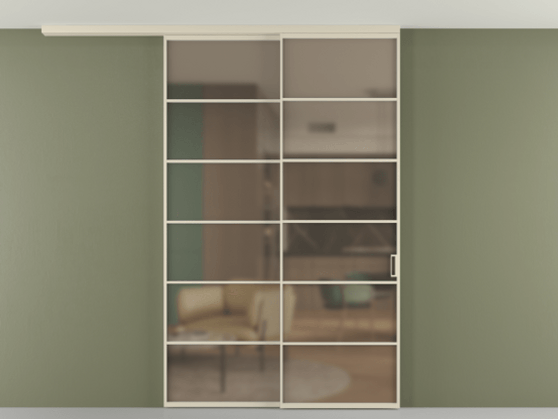 Перегородка Формато вдоль стены на потолок 2 створки с синхронным механизмом АЛПР 040.04 Алюминий бежево-серый Сатинированное бронзовое стекло, триплекс Цена 328180 ₽ | Volhovec