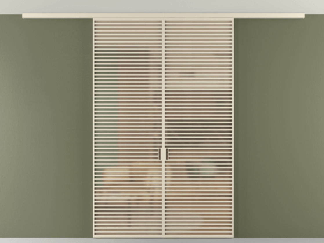 Межкомнатная дверь New Перегородка Formato вдоль стены на потолок двустворчатая АЛПР 040.07 Алюминий бежево-серый Сатинированное оранжевое стекло, триплекс Цена 2477400  | Volhovec