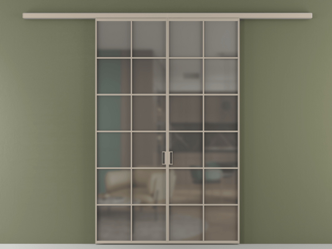 Перегородка Формато вдоль стены 2 створки АЛПР 040.05 Алюминий бисквитный Сатинированное серое стекло, триплекс Цена 207150 ₽ | Volhovec