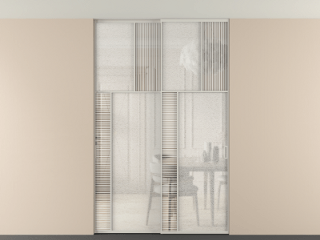 Перегородка Мозаик внутри проёма скрытое крепление в потолок 2 створки АЛПР 041.22 Алюминий тёплый серый Рифлёное стекло "Дюна", триплекс, 6 мм + Фактурное стекло "Лёд", триплекс. Цена 340580 ₽ . Фабрика дверей Волховец 8 (800) 551 43 19 Перегородка Мозаик внутри проёма скрытое крепление в потолок 2 створки АЛПР 041.22 Алюминий тёплый серый Рифлёное стекло "Дюна", триплекс, 6 мм + Фактурное стекло "Лёд", триплекс Цена 340580 ₽ | Volhovec