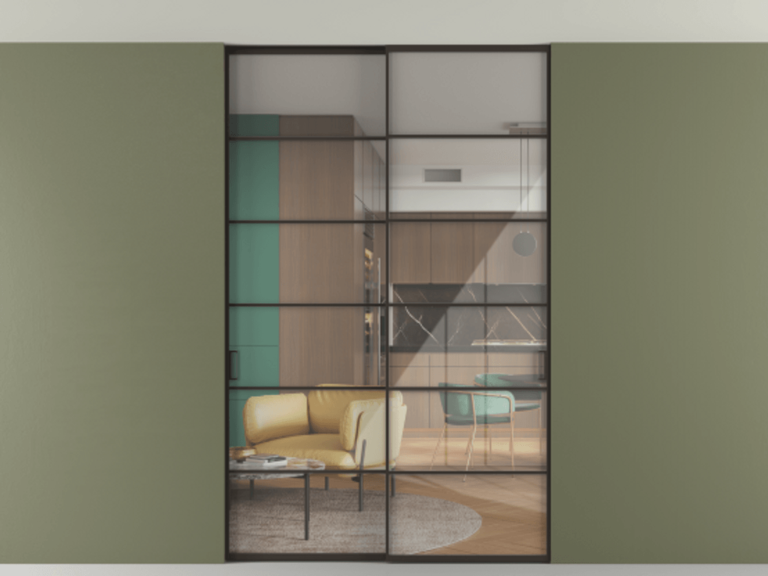 Перегородка Формато внутри проёма скрытое крепление в потолок 2 створки АЛПР 040.04 Алюминий антрацит Рефлективное прозрачное стекло "Стопсол", калёное Цена 322680 ₽ | Volhovec