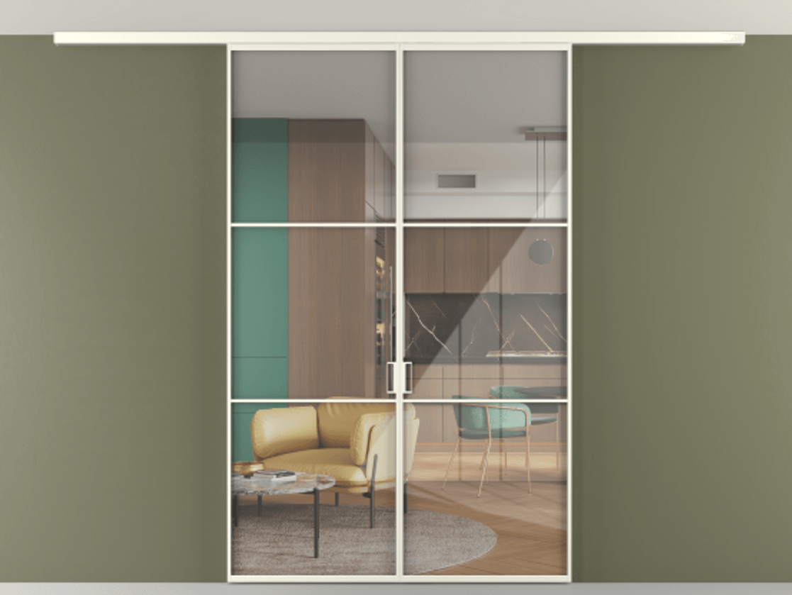 Перегородка Формато вдоль стены на потолок 2 створки АЛПР 040.03 Алюминий жемчужный Рефлективное прозрачное стекло "Стопсол", калёное Цена 207676 ₽ | Volhovec