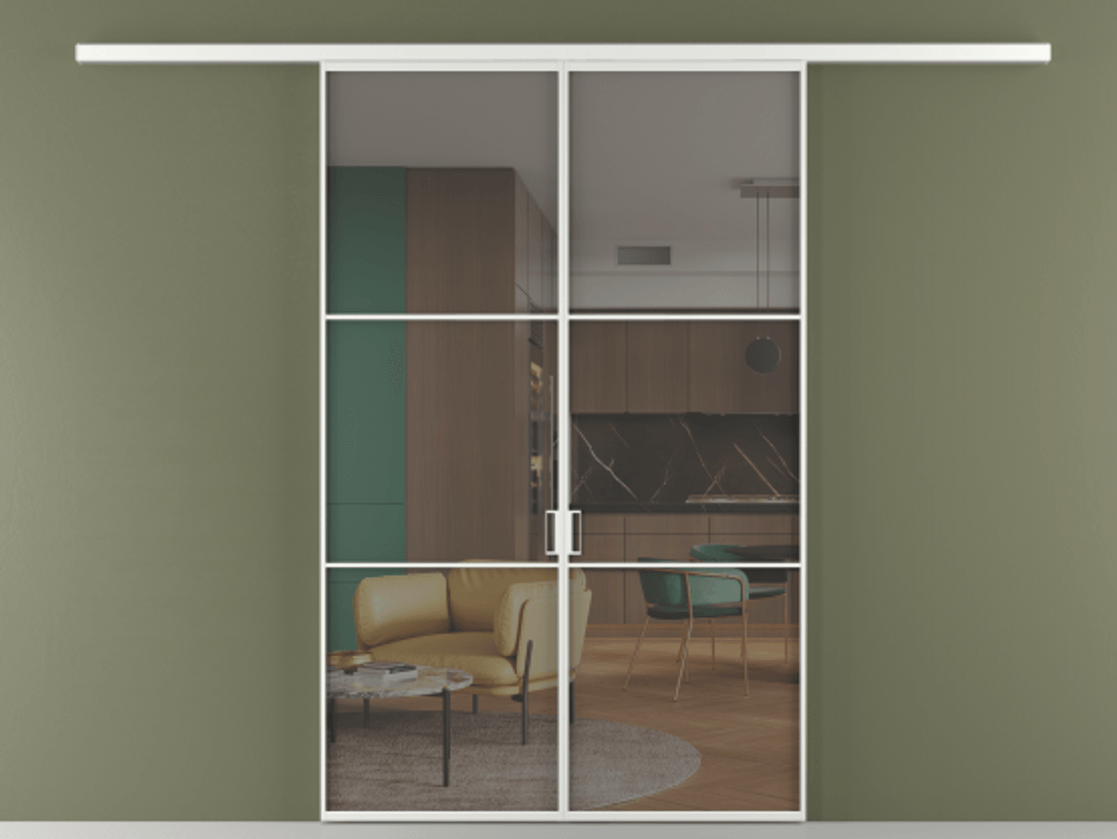 Перегородка Формато вдоль стены 2 створки АЛПР 040.03 Алюминий белоснежный Прозрачное серое стекло, триплекс Цена 195450 ₽ | Volhovec