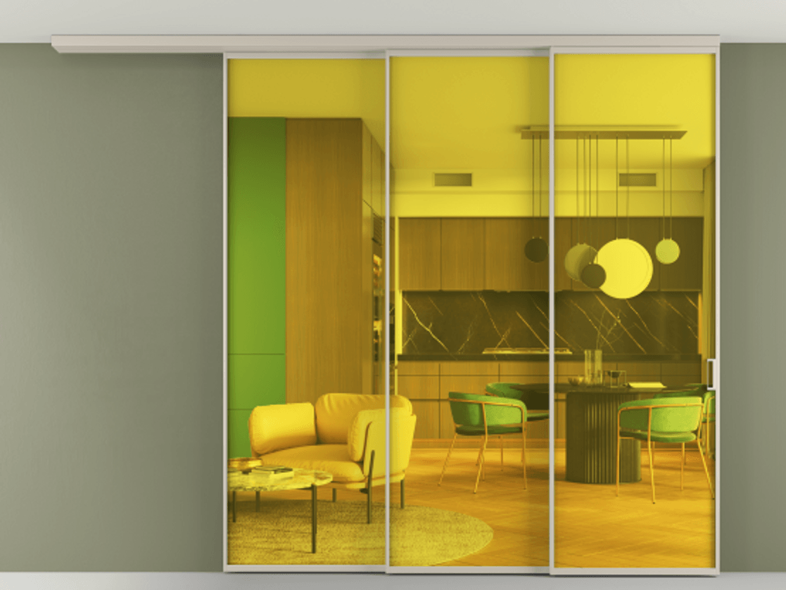 Перегородка Formato вдоль стены на потолок 3 створки с синхронным механизмом АЛПР 040.01 Алюминий светло-бежевый Прозрачное жёлтое стекло, триплекс Цена 382108 ₽ | Volhovec