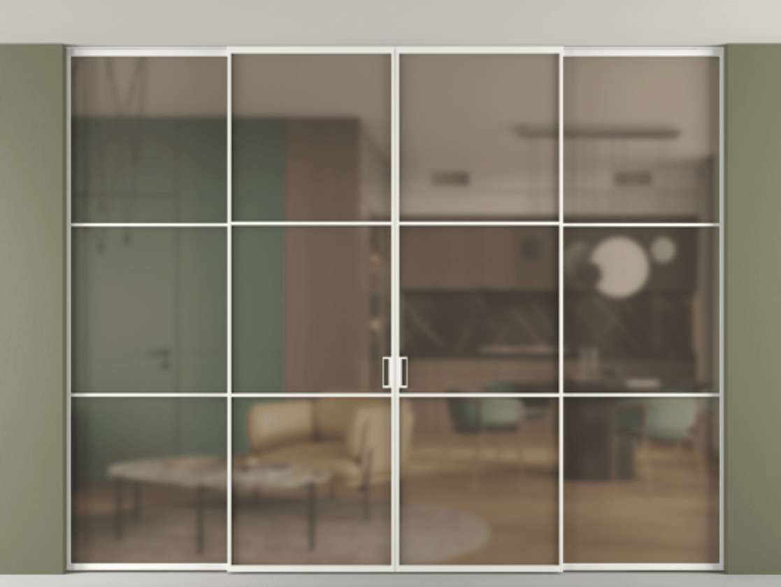 Перегородка Формато внутри проёма скрытое крепление в потолок 4 створки АЛПР 040.03 Алюминий светло-серый Сатинированное бронзовое стекло, триплекс Цена 440530 ₽ | Volhovec