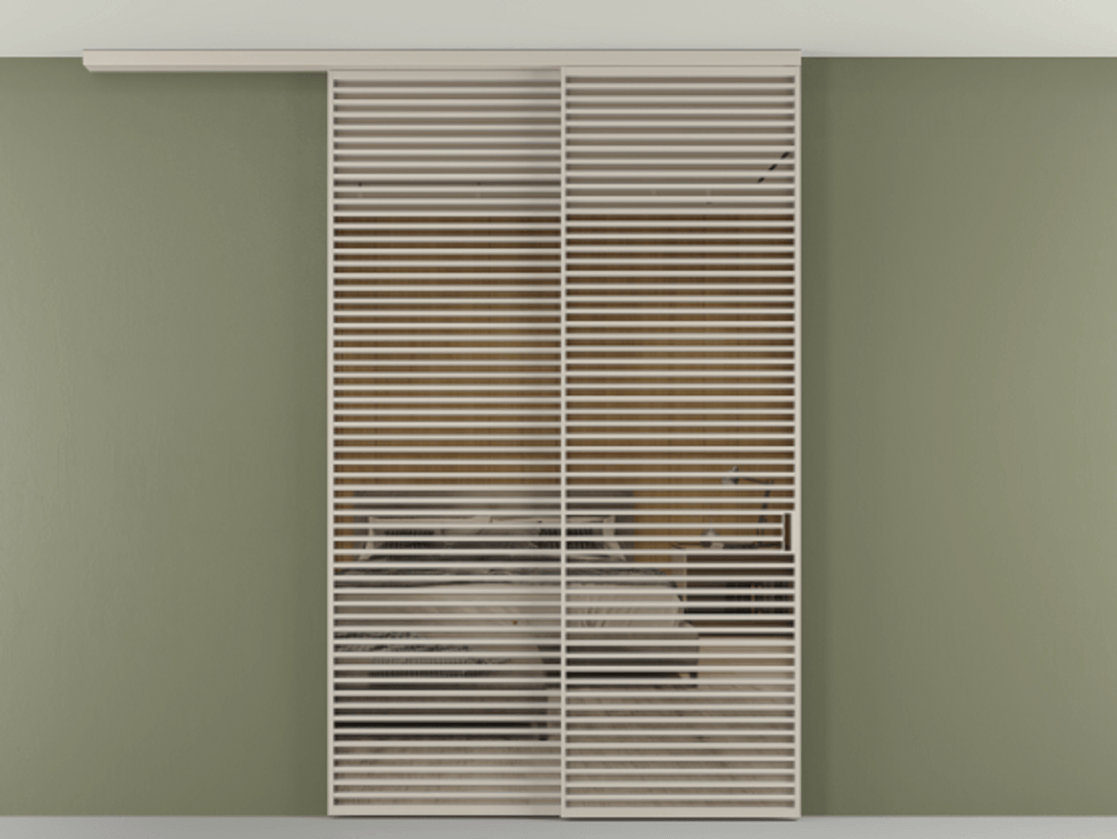 Перегородка Формато вдоль стены на потолок 2 створки с синхронным механизмом АЛПР 040.07 Алюминий светло-бежевый Рефлективное бронзовое стекло "Стопсол", калёное Цена 481300 ₽ | Volhovec