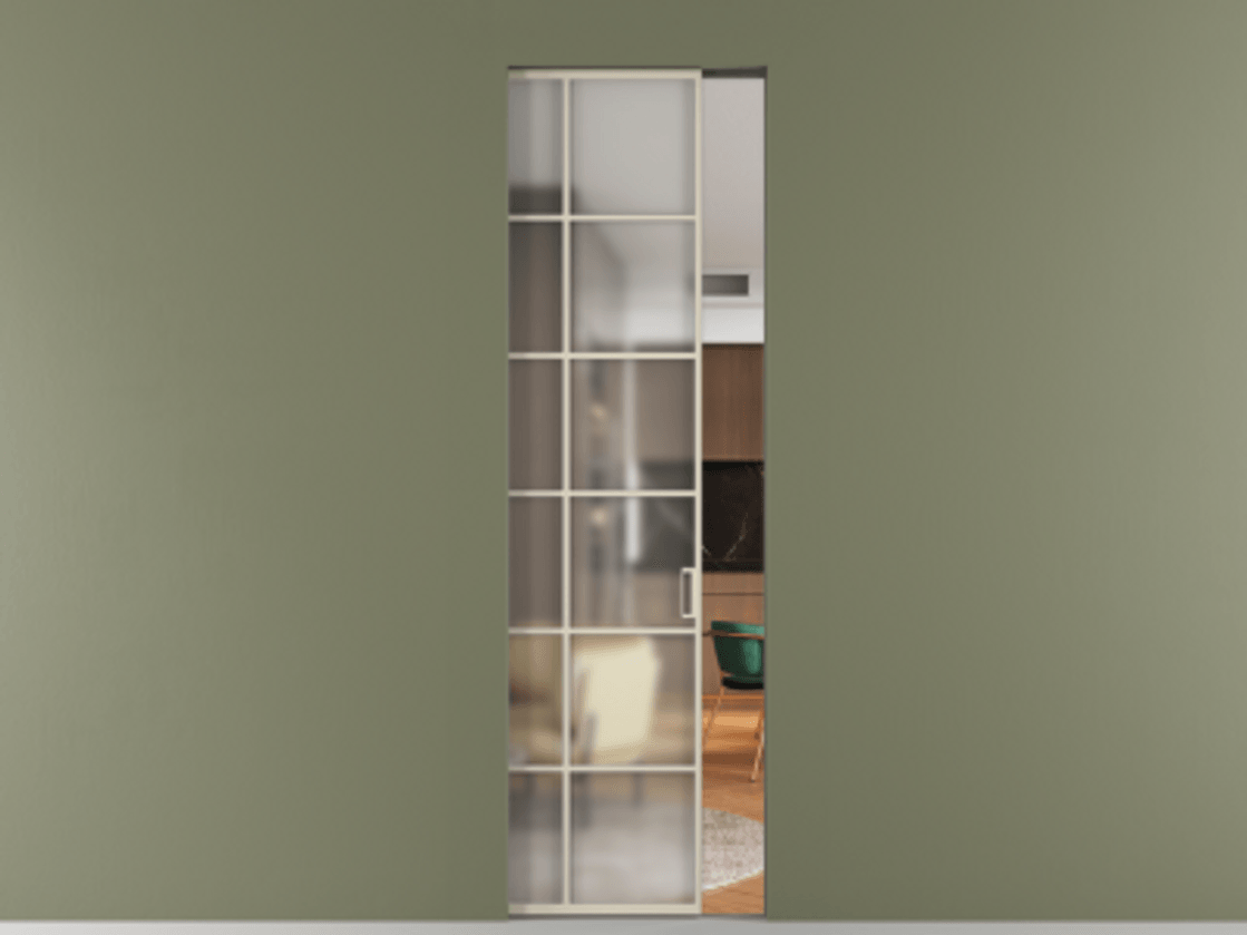 Перегородка Формато скрытый пенал 1 створка АЛПР 040.05 Алюминий бежево-серый Сатинированное стекло "Мателюкс Кристал Вижн", калёное, матовое, каленое 6 мм Цена 168020 ₽ | Volhovec