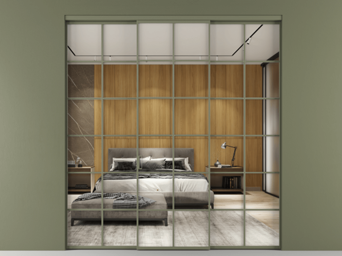 Перегородка Формато внутри проёма 3 створки АЛПР 040.05 Алюминий оливковый тёмный Двустороннее зеркало, триплекс , триплекс 6 мм Цена 254825 ₽ | Volhovec